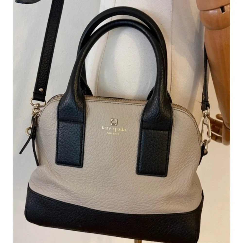 Kate Spade New York Pebbled Leather Colorblock Satchel Crossbody Bag Beige Black